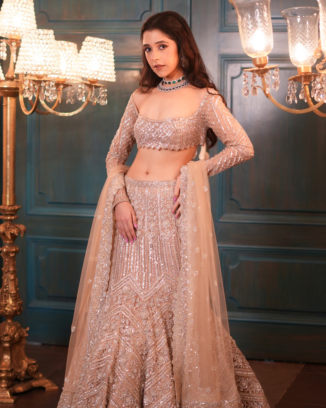 Isa by Dolly Wahal - Light Gold Net Sequins Embroidered Lehenga Set