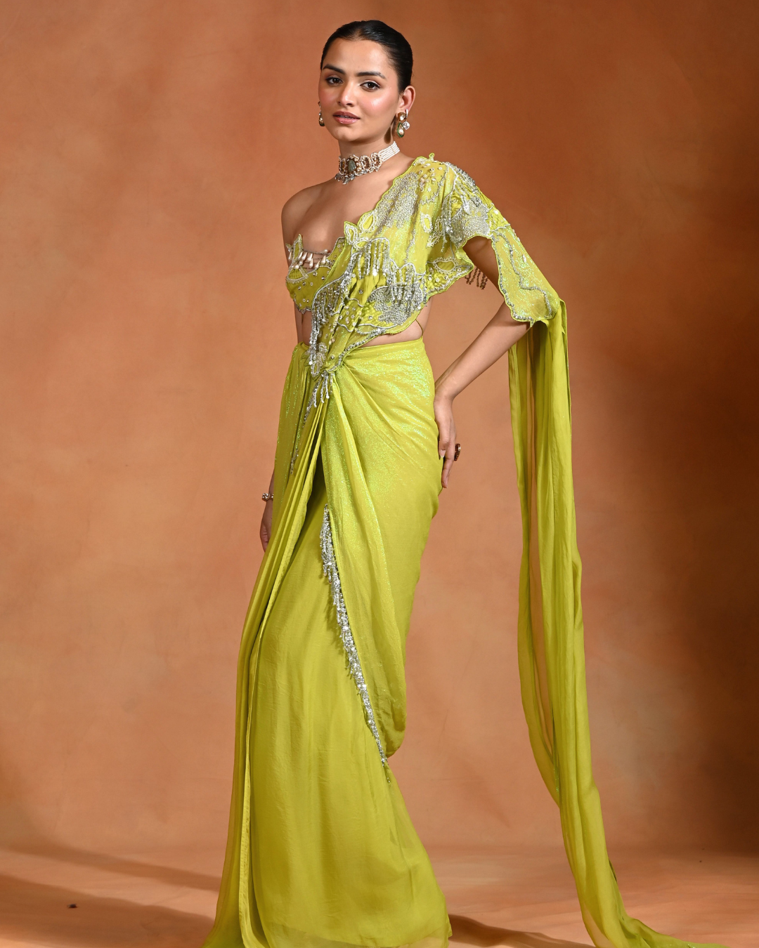 Rishi and Vibhuti - Lime Mirage Saree From Ek Main Aur Ek Tu