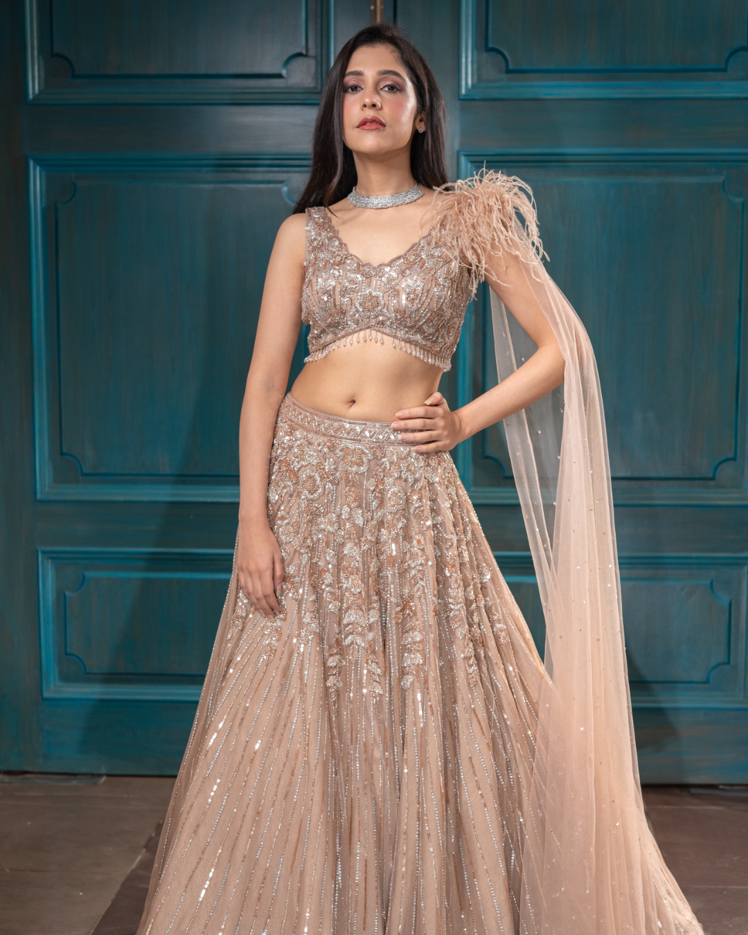 Isa by Dolly Wahal - Nude Gold Lehenga From Athena