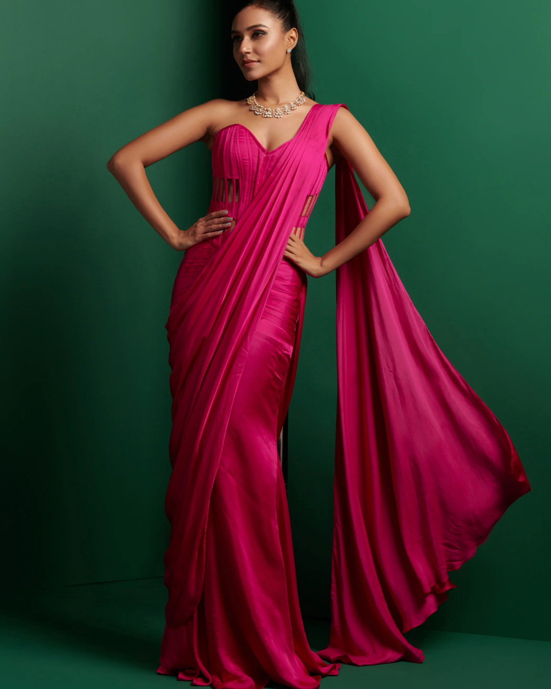 K&A by Karishma and Ashita - Hot pink cage corset and drape From Barre Oblique