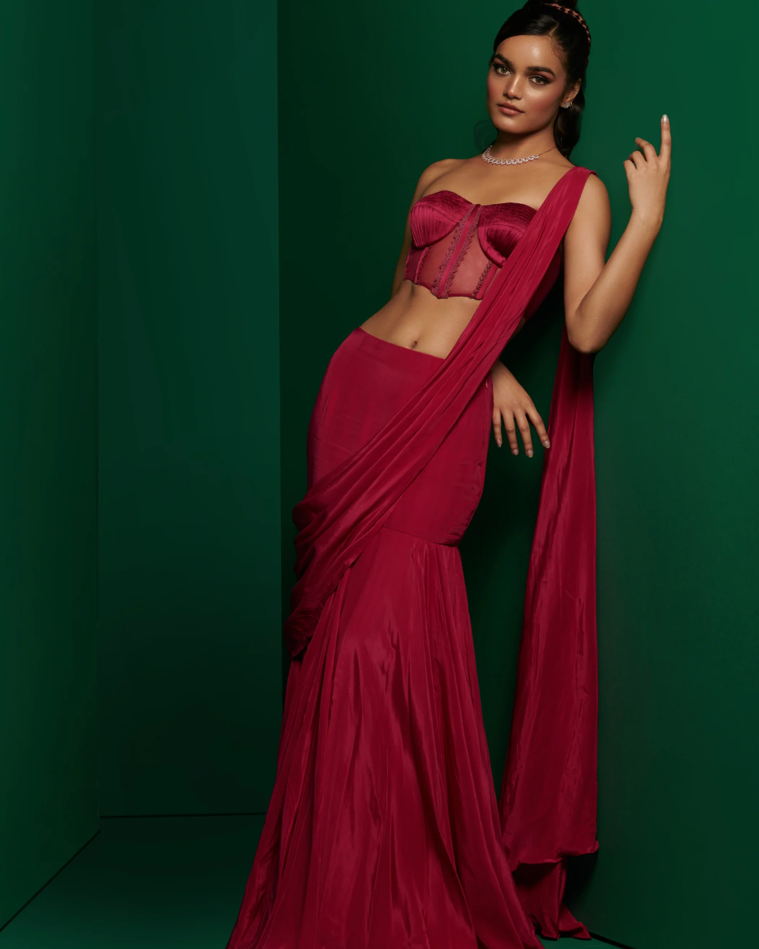 K&A by Karishma and Ashita - Fuchsia Pink corset with drape skirt and embellished cape From Barre Oblique