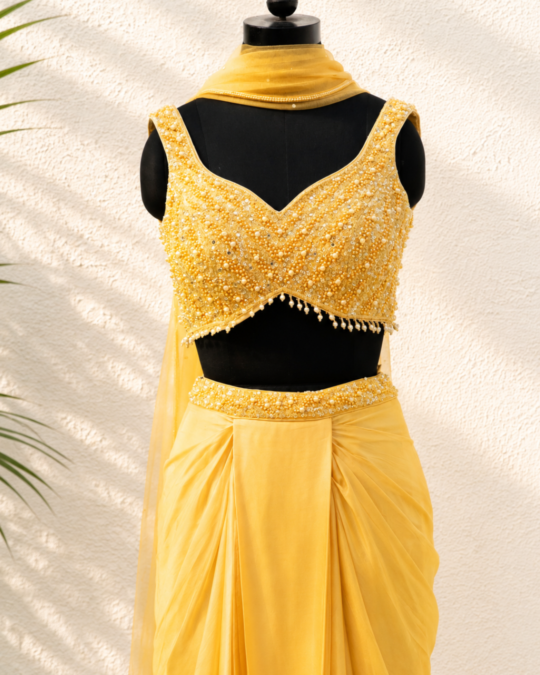 Anisha Shetty - Honey Yellow Sequin And Pearl Blouse With Pleated Skirt And Dupatta