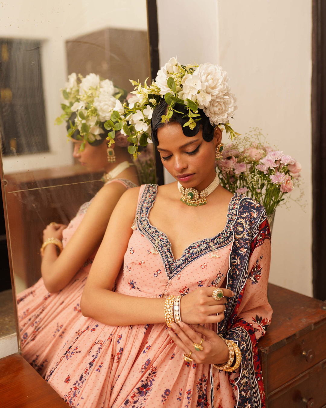 Aditi Gupta - Soft Pink Open Jacket with Crushed Sharara Set