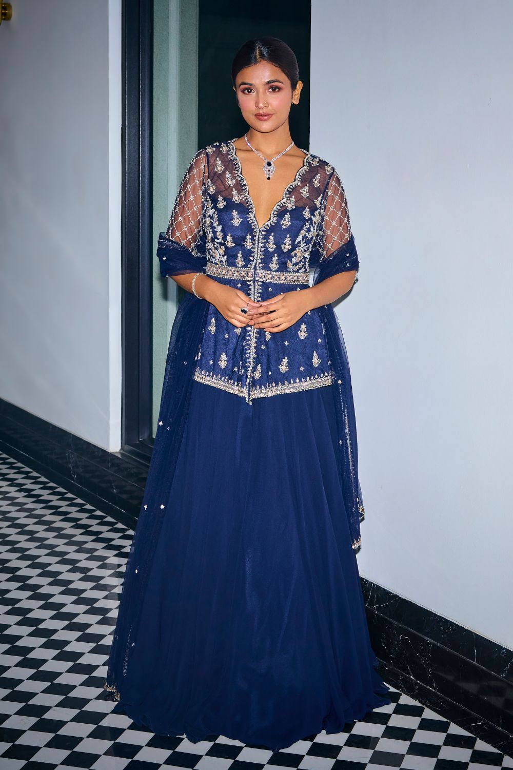 Sanya Gulati - Midnight Blue Peplum Top With Skirt Set from Kia & Kyara