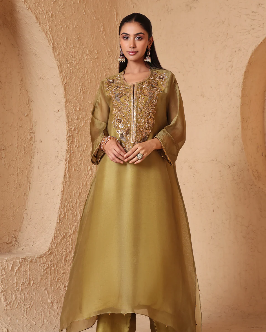 Niti Bothra -  Mehrang Olive Green Kaftan Kurta Set