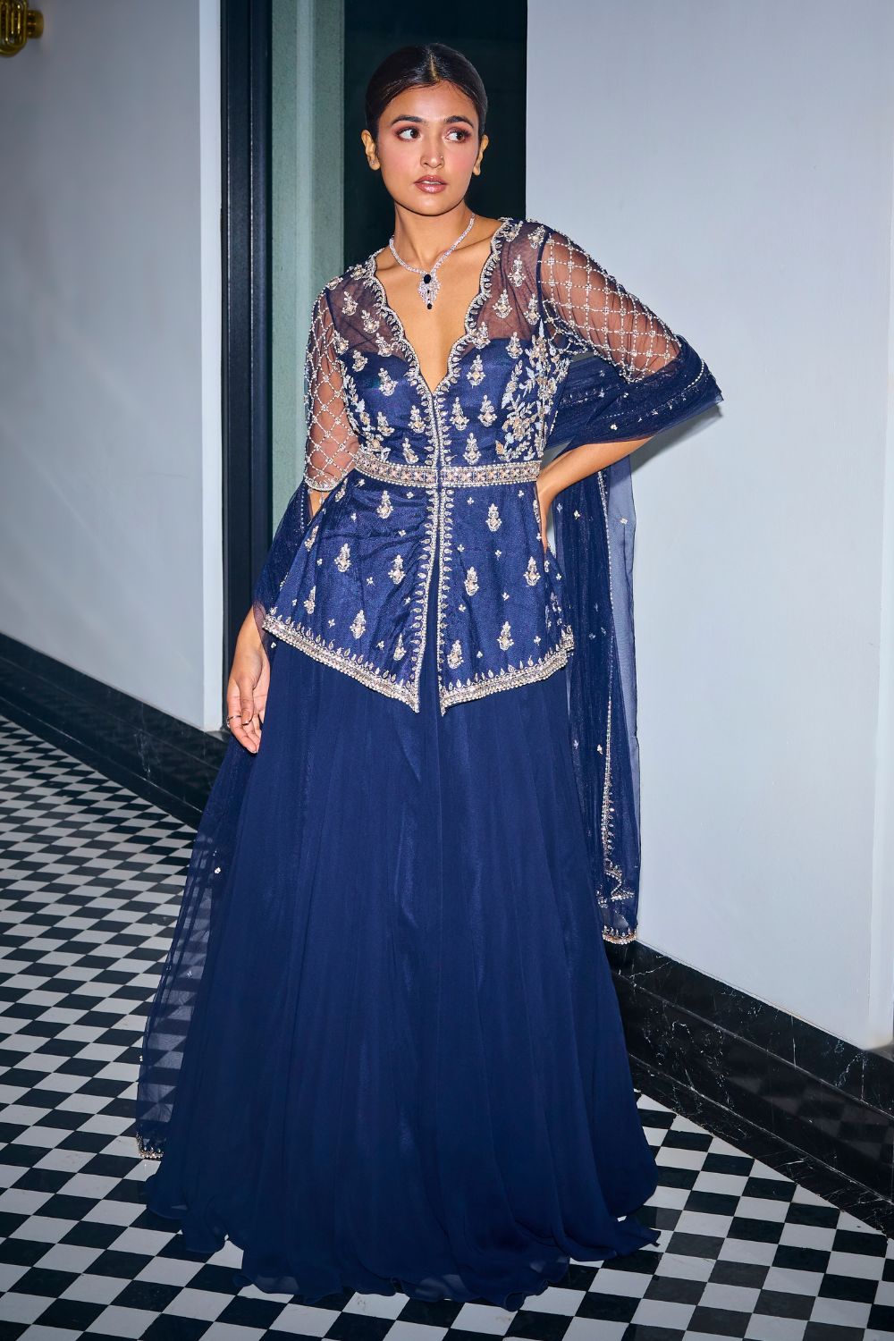 Sanya Gulati - Midnight Blue Peplum Top With Skirt Set from Kia & Kyara