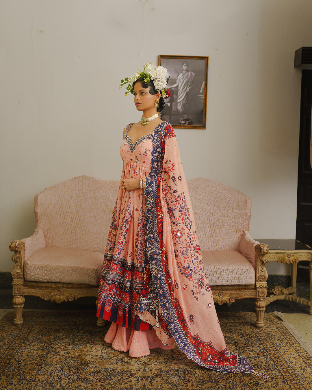 Aditi Gupta - Soft Pink Open Jacket with Crushed Sharara Set