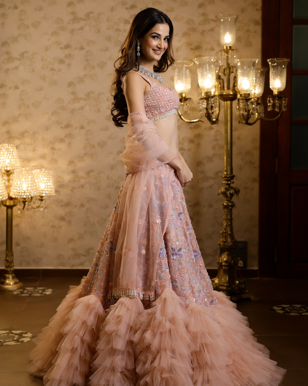 Isa by Dolly Wahal - Peach Frill Lehenga From Fiori