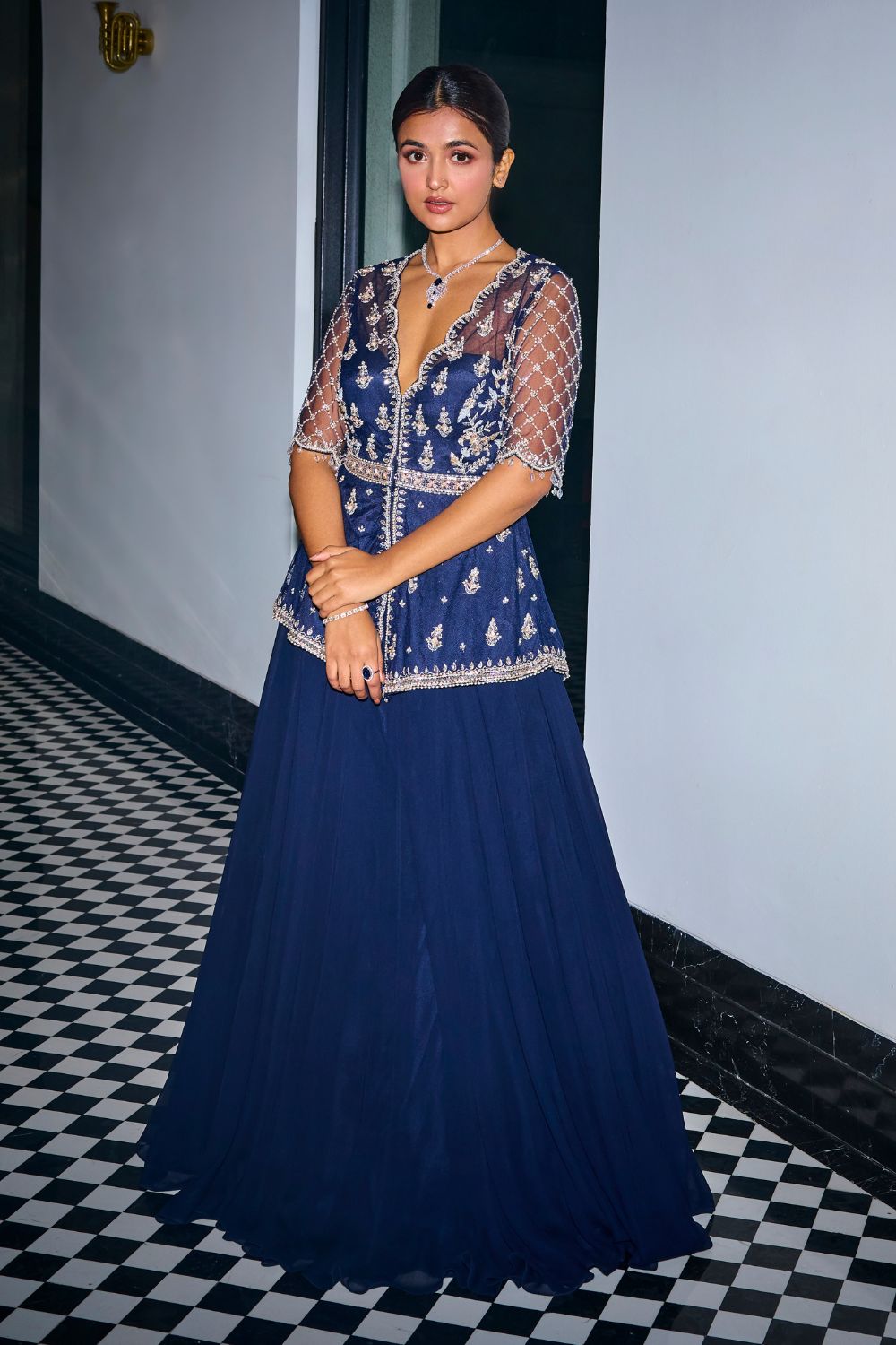 Sanya Gulati - Midnight Blue Peplum Top With Skirt Set from Kia & Kyara