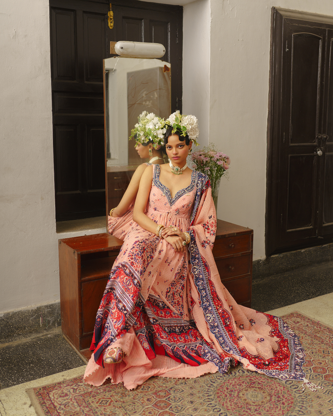 Aditi Gupta - Soft Pink Open Jacket with Crushed Sharara Set