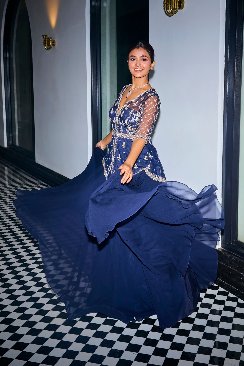 Sanya Gulati - Midnight Blue Peplum Top With Skirt Set from Kia & Kyara