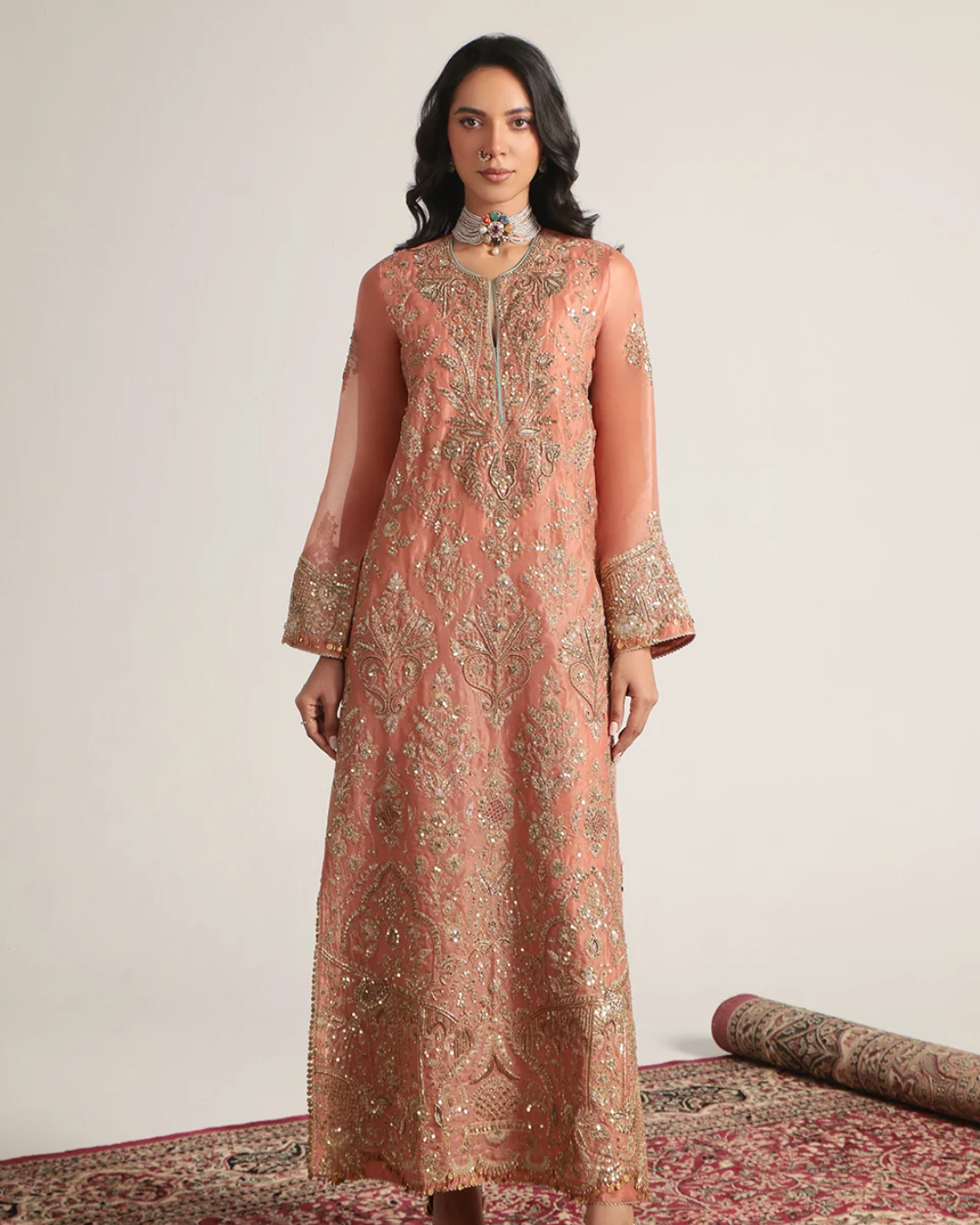 Niti Bothra - Zar-Rang Peach Heavy Jaal Kaftan Set