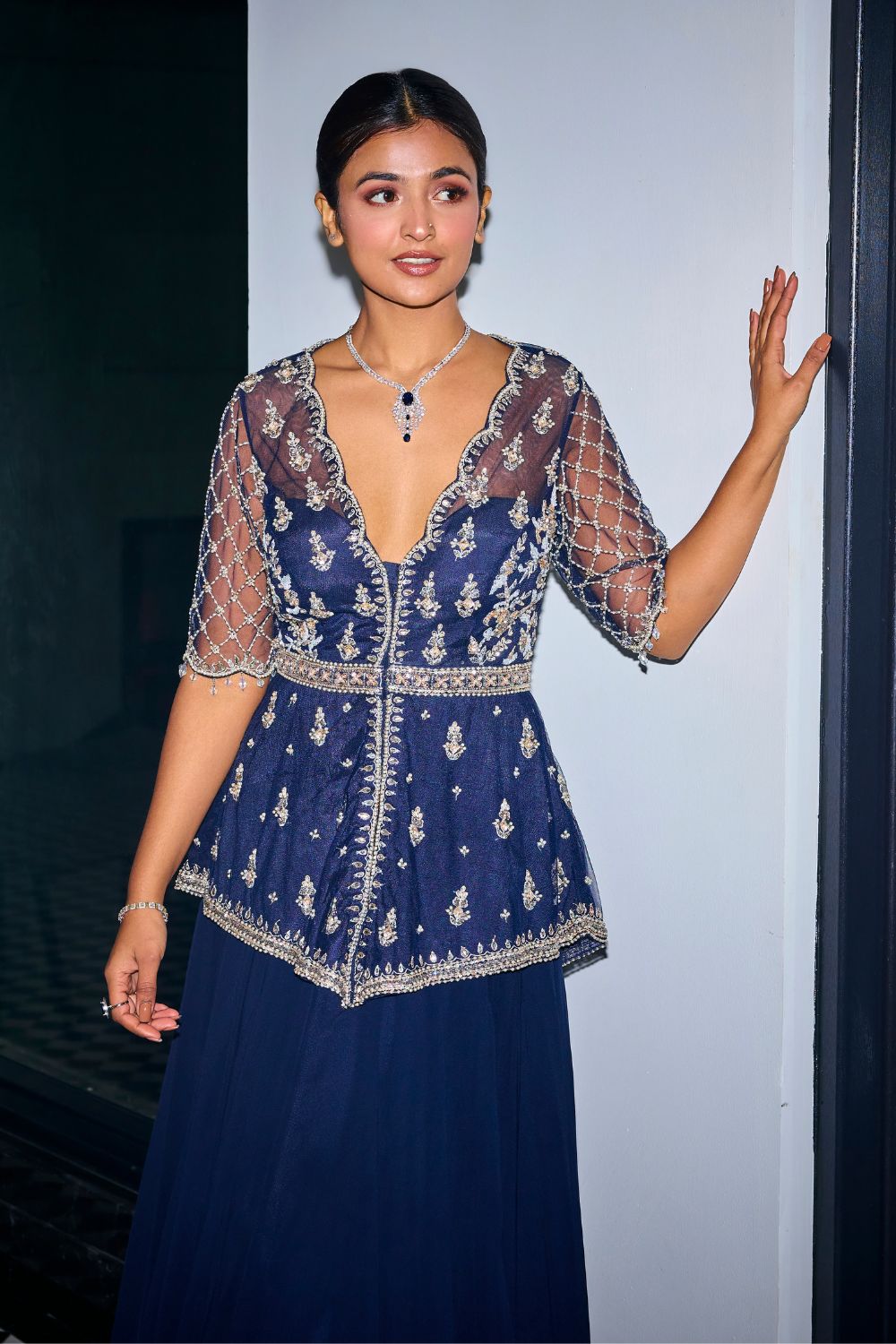 Sanya Gulati - Midnight Blue Peplum Top With Skirt Set from Kia & Kyara