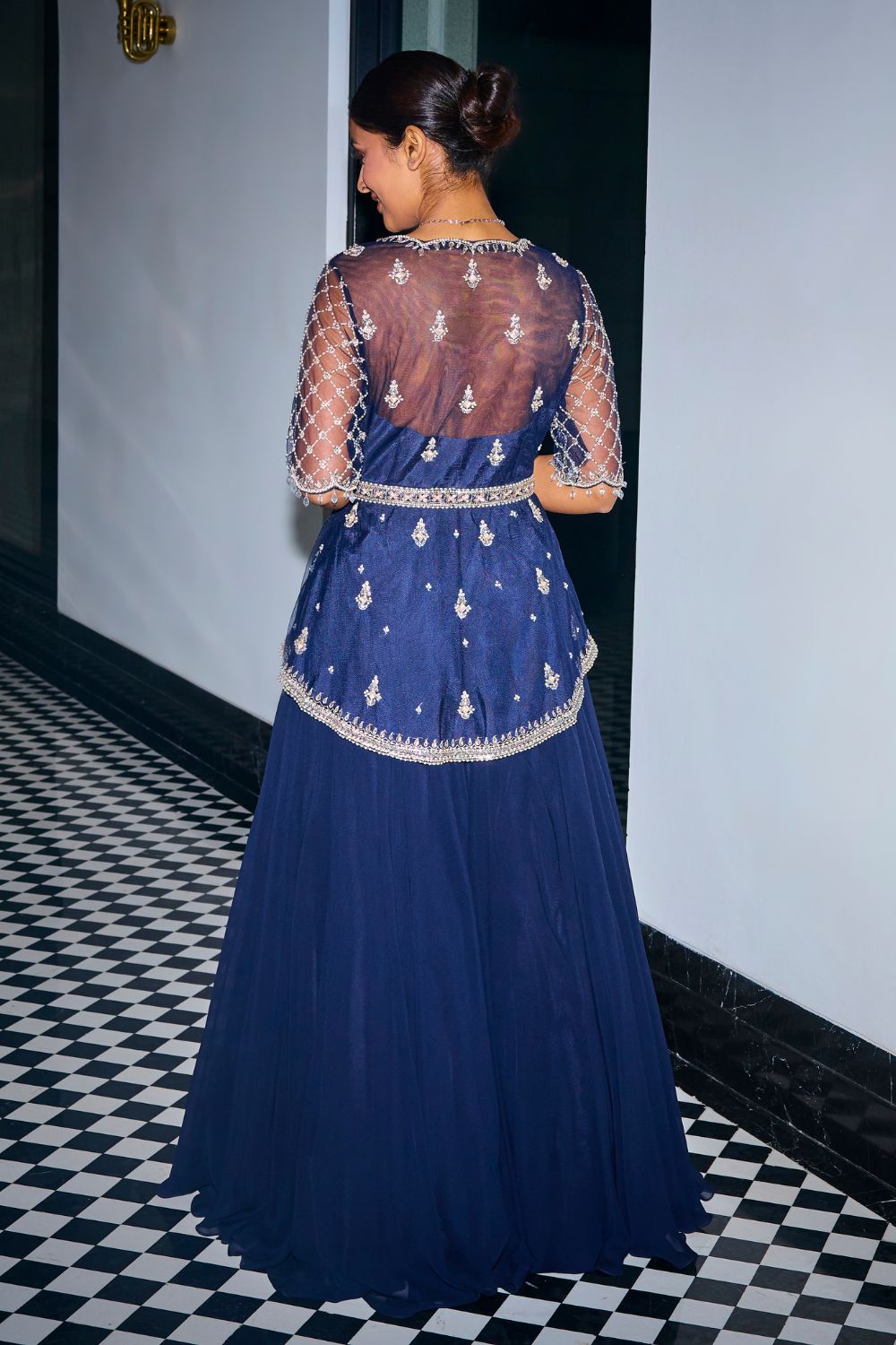 Sanya Gulati - Midnight Blue Peplum Top With Skirt Set from Kia & Kyara