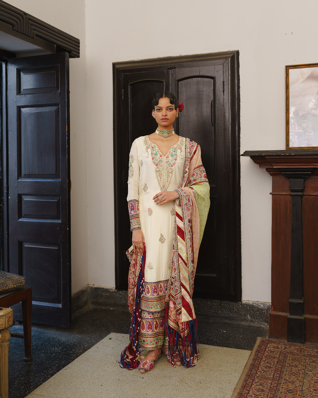 Aditi Gupta - Ivory Long Kurta Farsi Salwar Dupatta Set