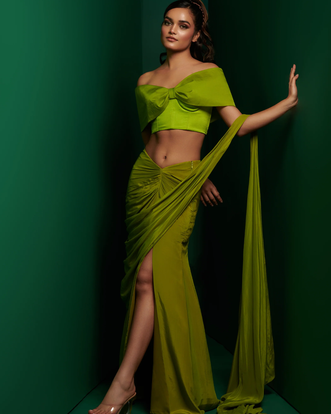K&A by Karishma and Ashita - Lime green bow style blouse with slit skirt drape saree From Barre Oblique