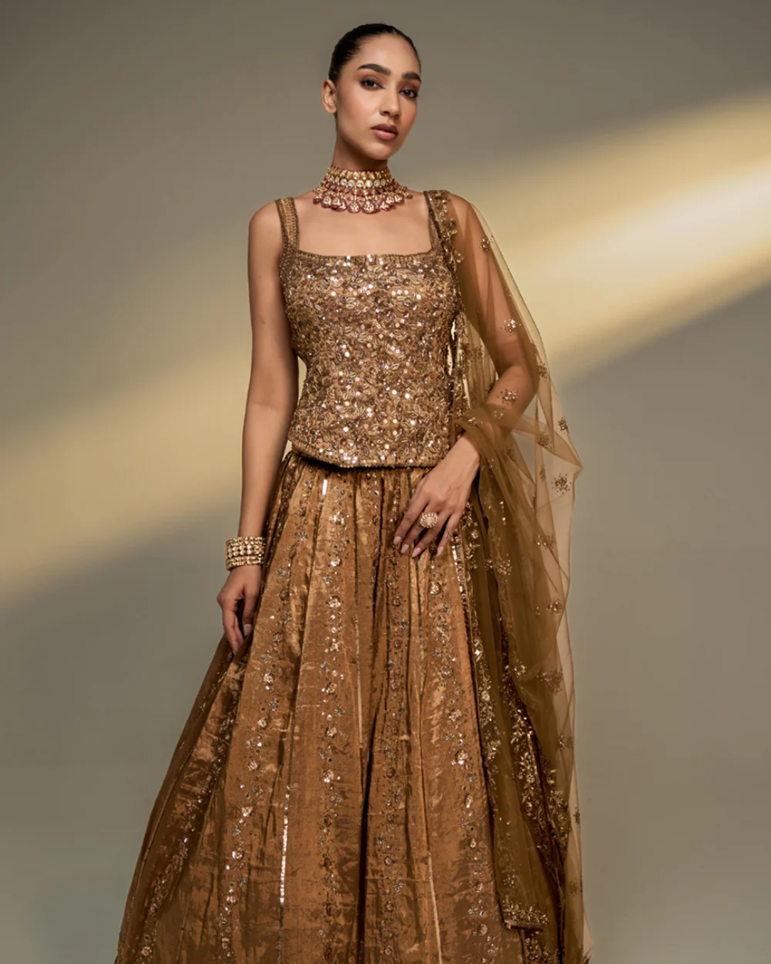 Prevasu - Copper Gold Corset Lehenga Set From The Mocha Edit