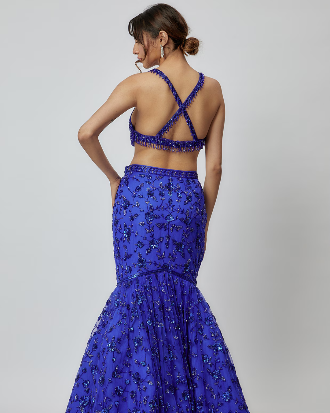 Isa by Dolly Wahal - Electric Blue Net Embroidered Fish-Cut Lehenga Set