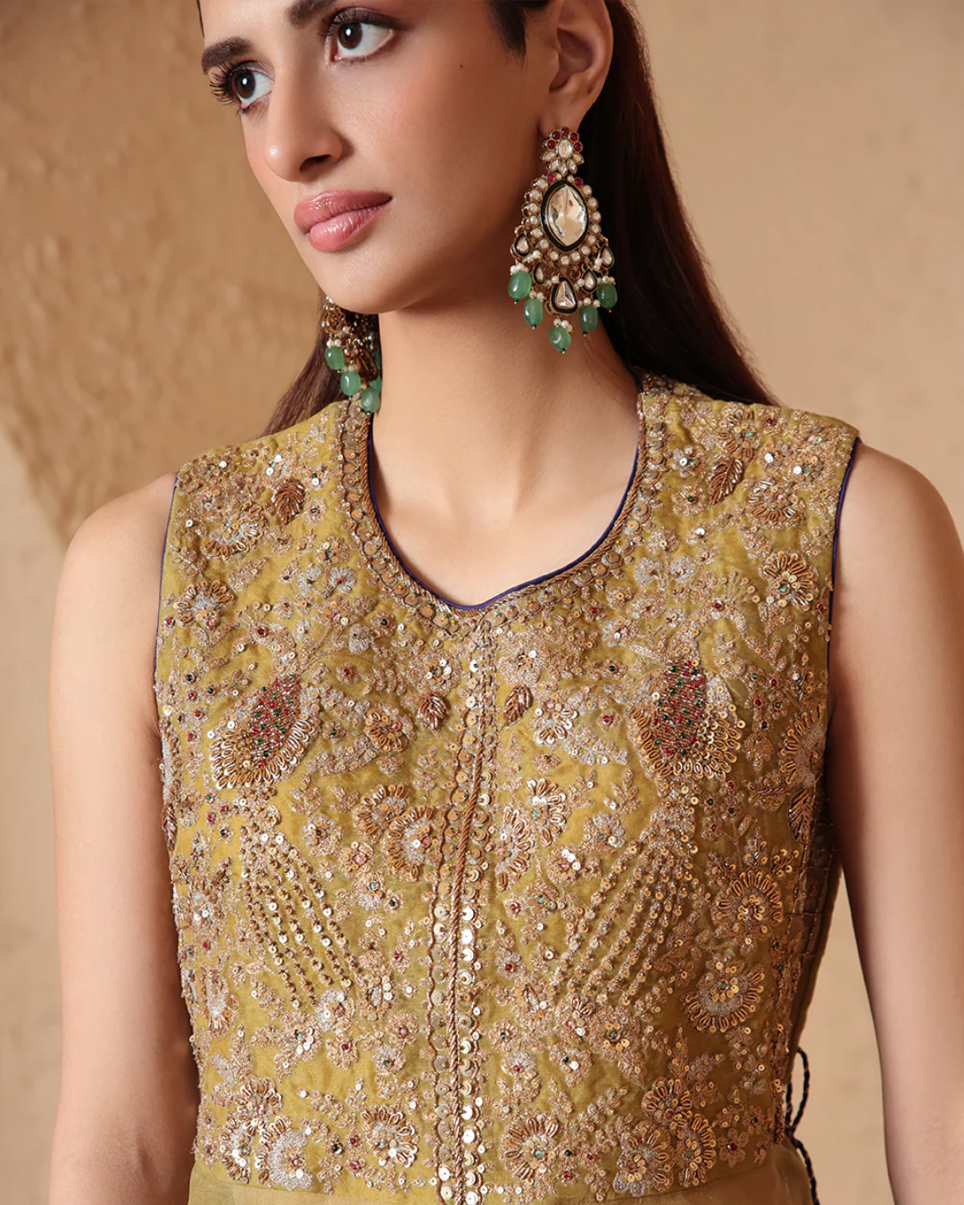 Niti Bothra - Mehrang Olive Green Tie-up Sleeveless Kurta Set