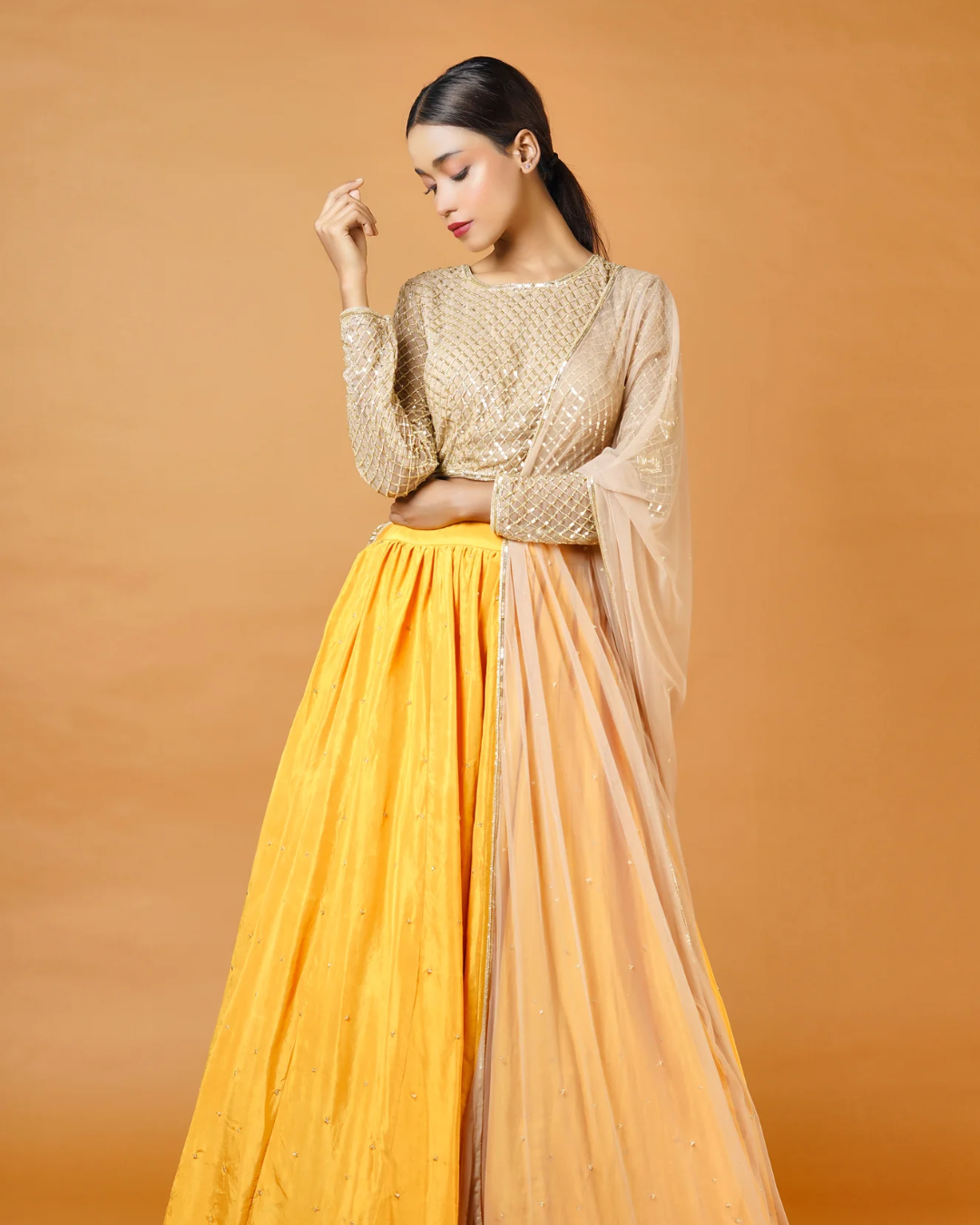 Sonali Bansal - Gold blouse and dupatta with fire yellow lehenga From Fiza