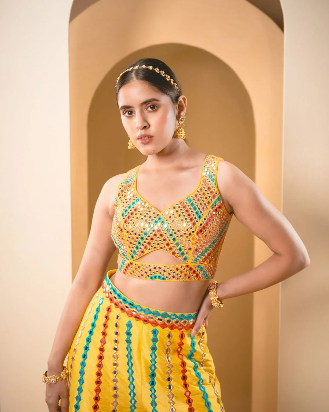 Anisha Shetty - Sunshine Yellow Multicolor Thread & Mirrorwork Sharara Set From Rangin