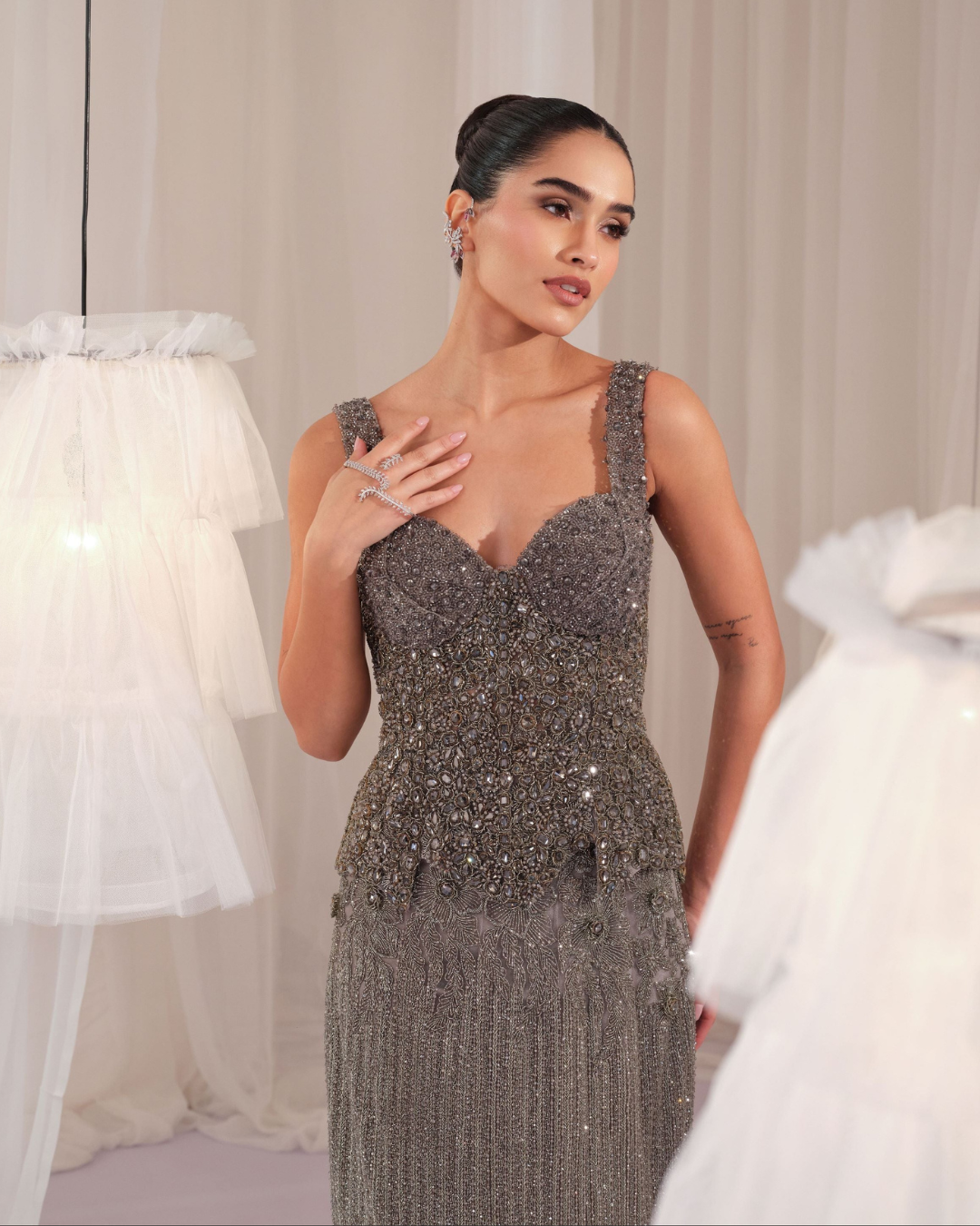 K&A By Karishma And Ashita - Stardust Grey Crystal Corset With Fishcut Lehenga From First Love