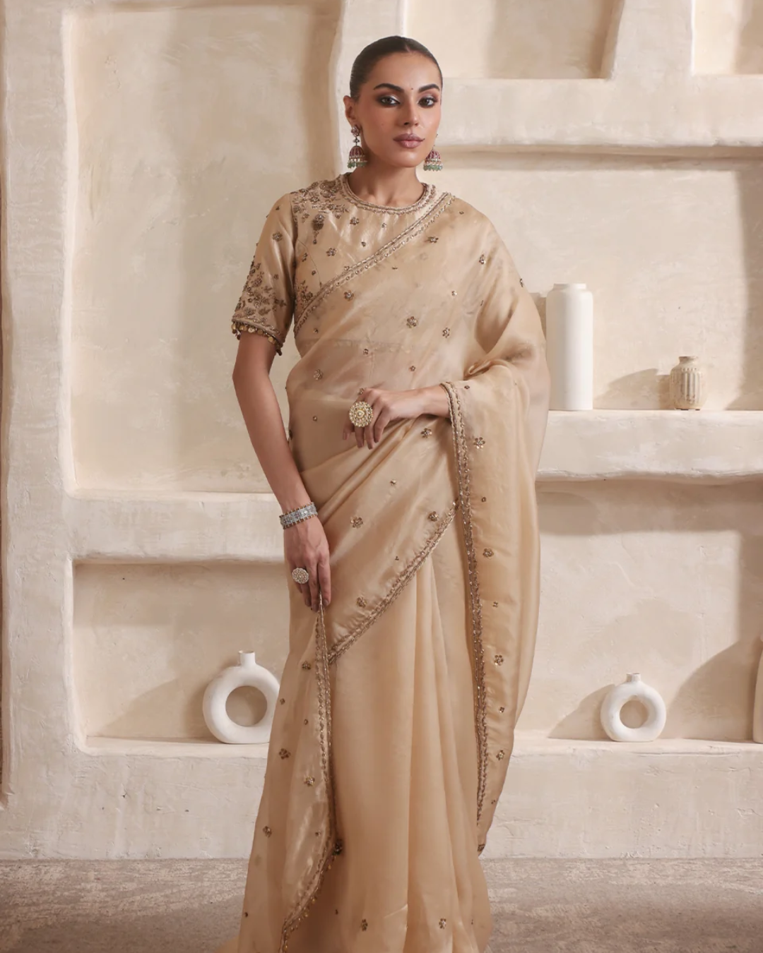 Niti Bothra - Zar-Rang Ivory Buti Saree Set