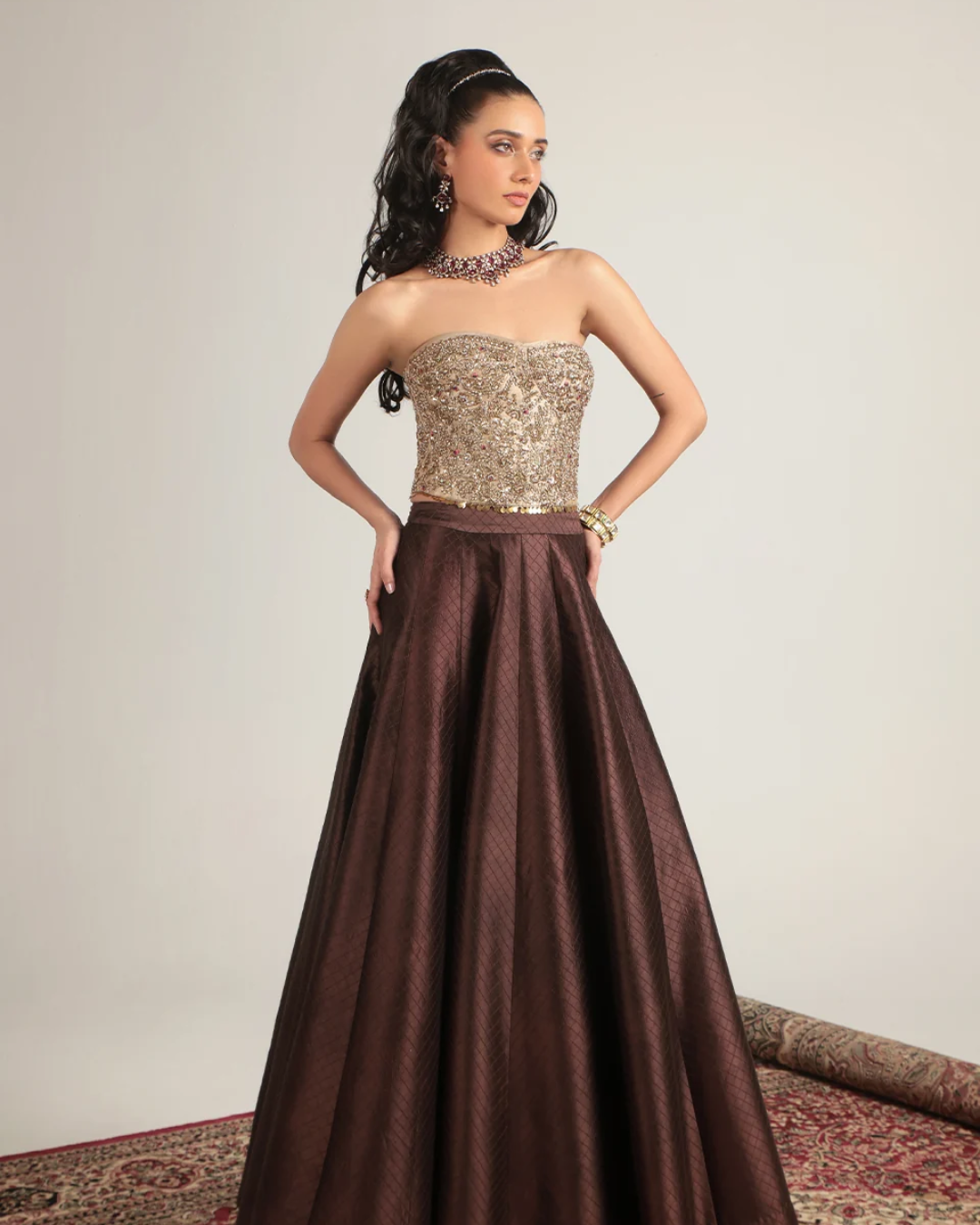 Niti Bothra - Zar-Rang Brown Corset Quilted Lehenga Set