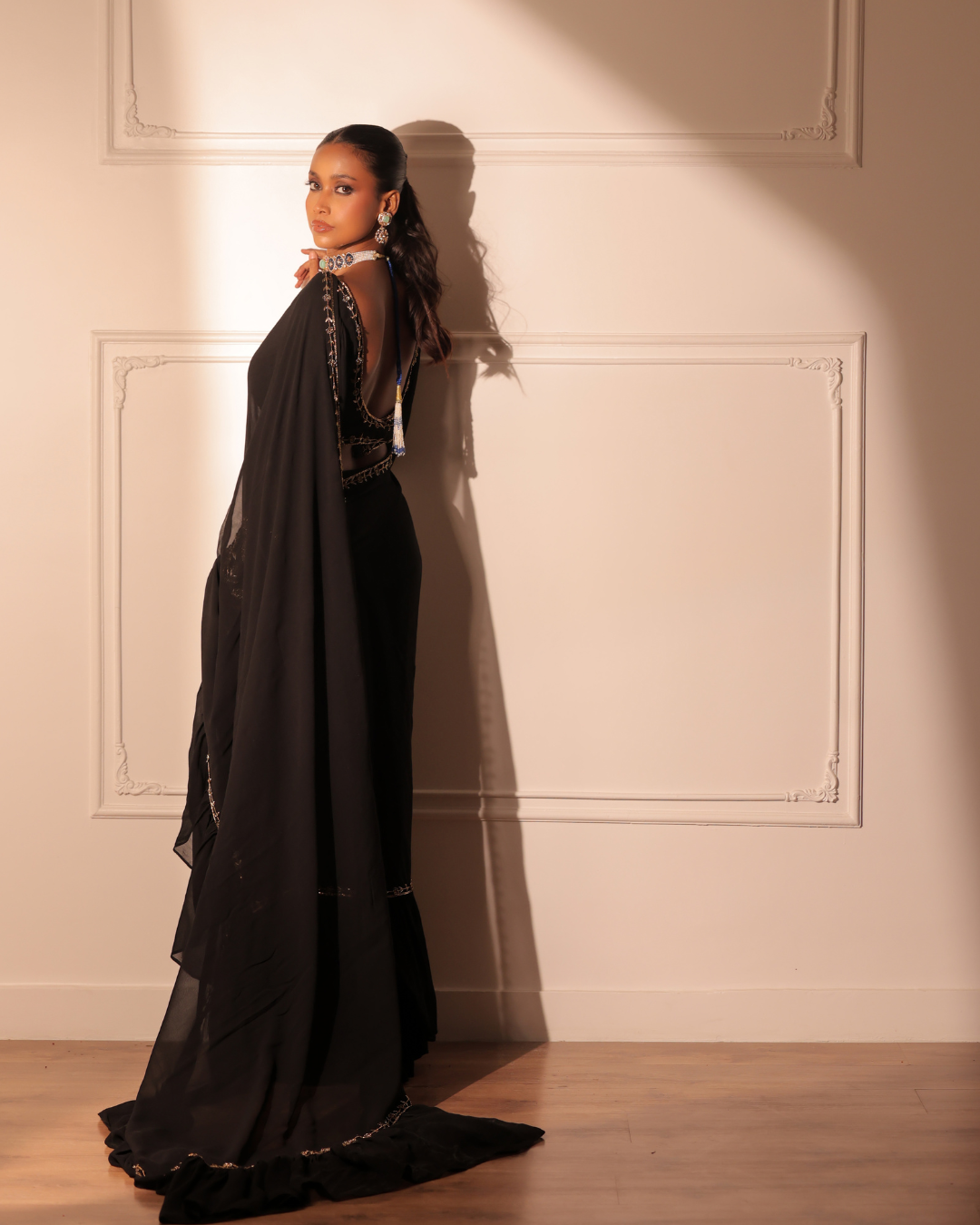 Sonali Bansal - Black ruffle drape saree and blouse with belt From Banno Ki Saheli