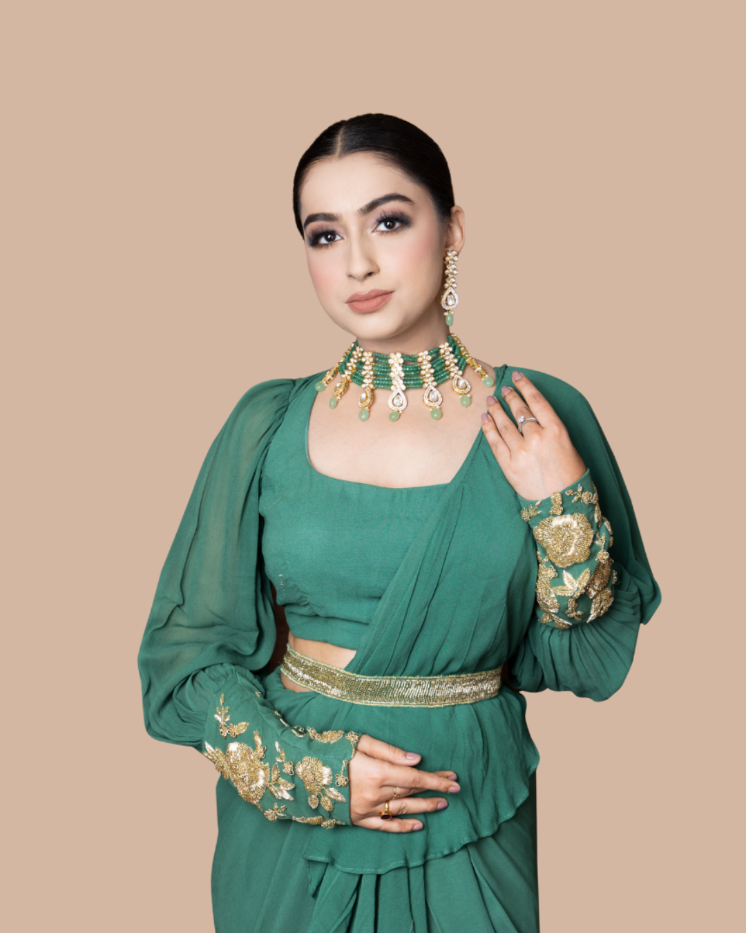 Sonali Bansal - Turquoise blue drape saree with ruffles paired with blouse and waist belt From Wedding Capsule