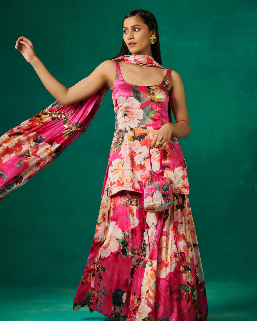 Sonali Bansal - Pink floral print kurta with flared sharara and dupatta From Bageecha