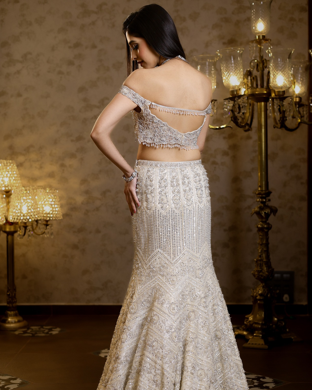 Isa by Dolly Wahal - Ivory Net Hand Embroidered Fish-Cut Lehenga Set