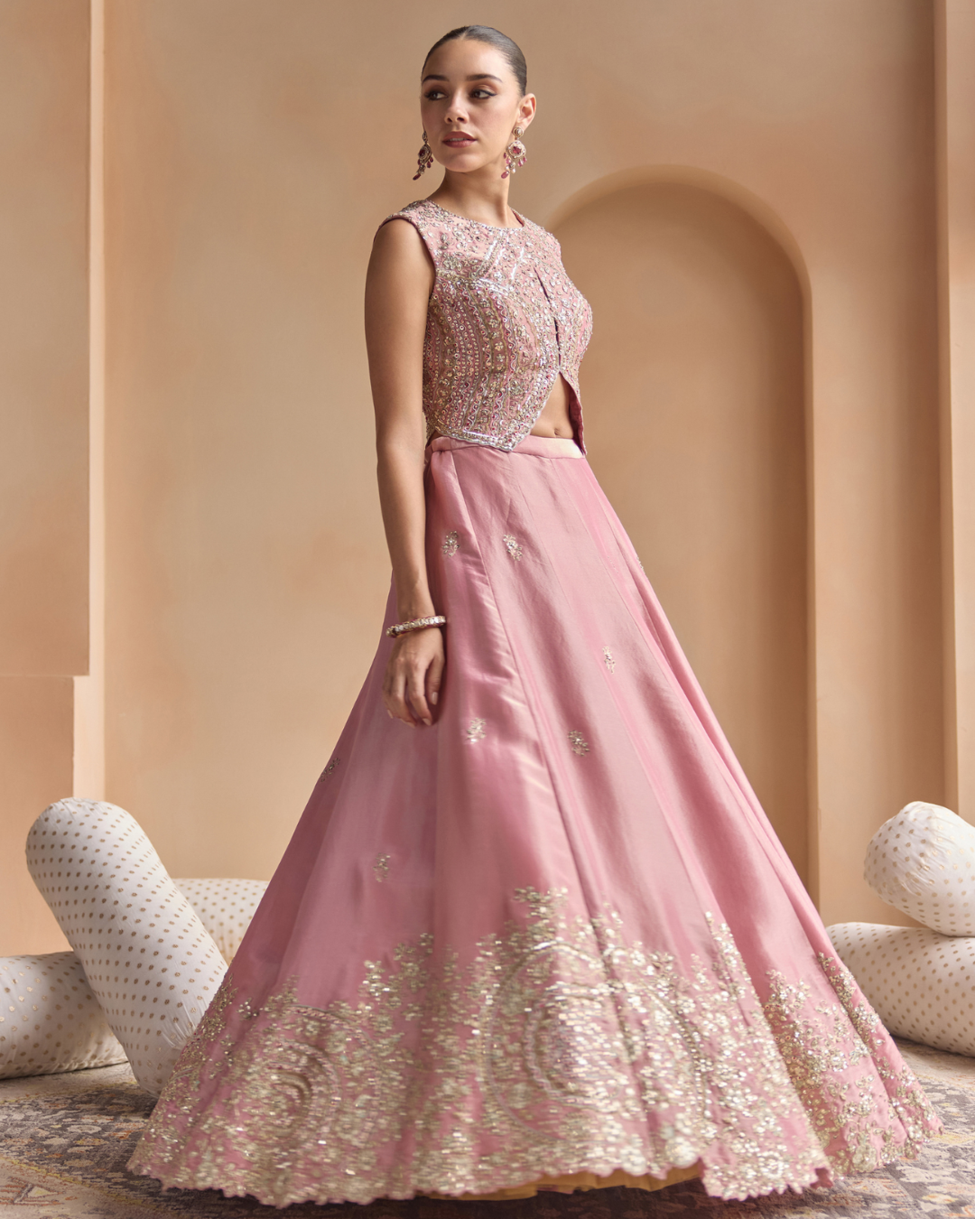Osaa By Adarsh - Soft Berry Embroidered Tissue Lehenga Set From Off The Record
