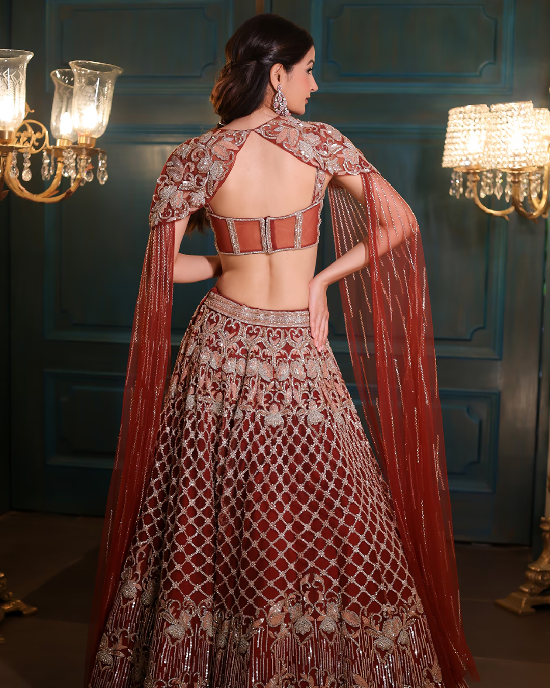 Isa by Dolly Wahal - Caramel Brown Net Crystal & Bead Embroidered Lehenga Set