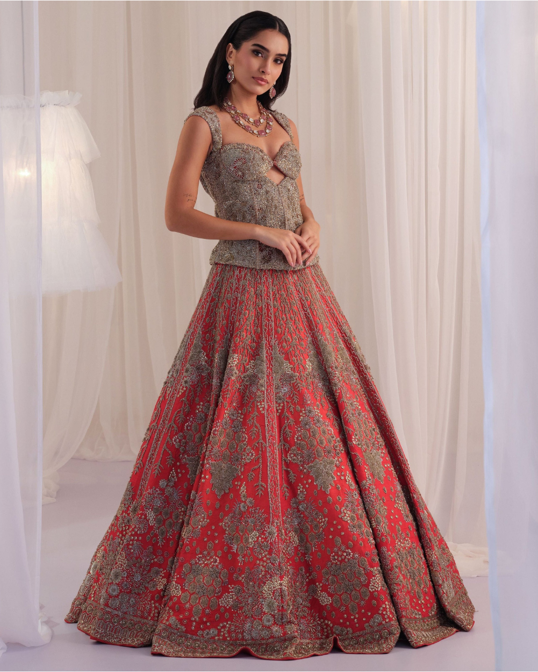 K&A By Karishma And Ashita - Red Hand Embellished Corset with Raw Silk Lehenga & Dupatta From First Love