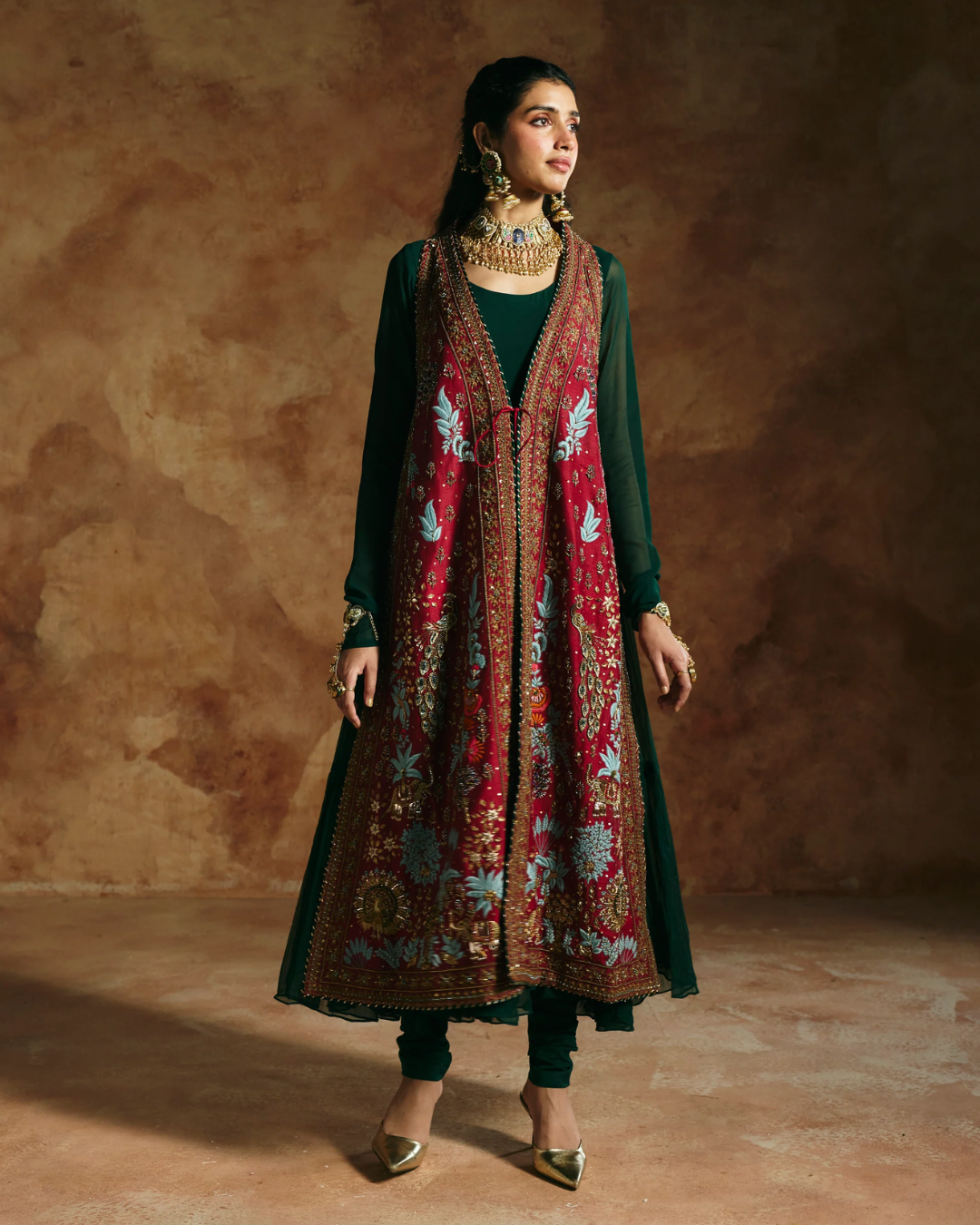 Aman Takyar - Red & Copper Jacket Set From Today's Sindh