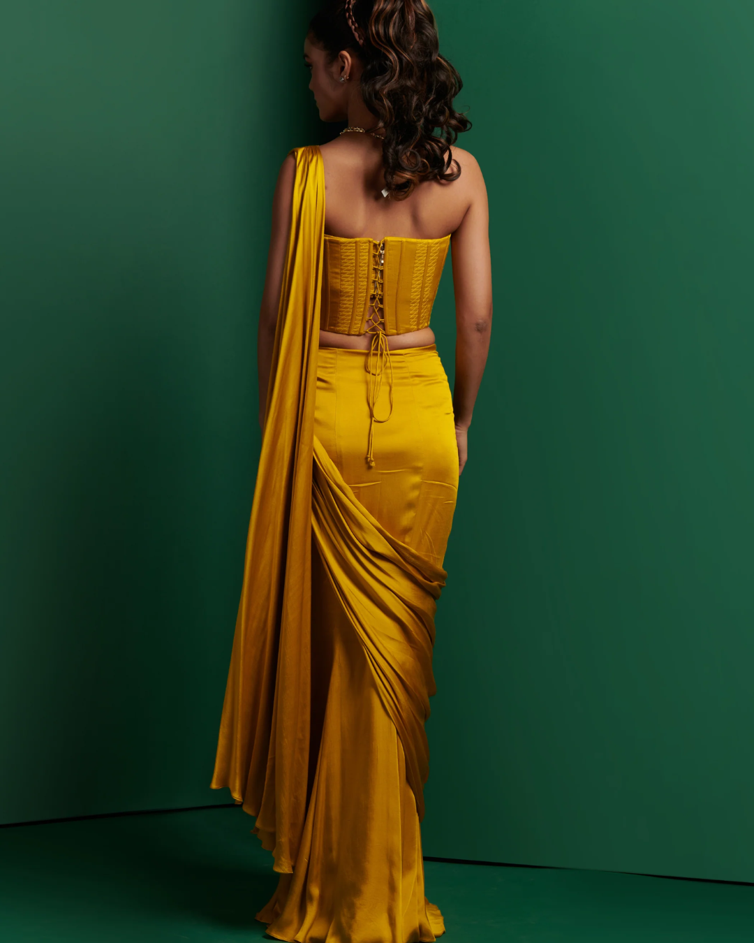 K&A by Karishma and Ashita - Golden yellow double corset with skirt drape saree From Barre Oblique