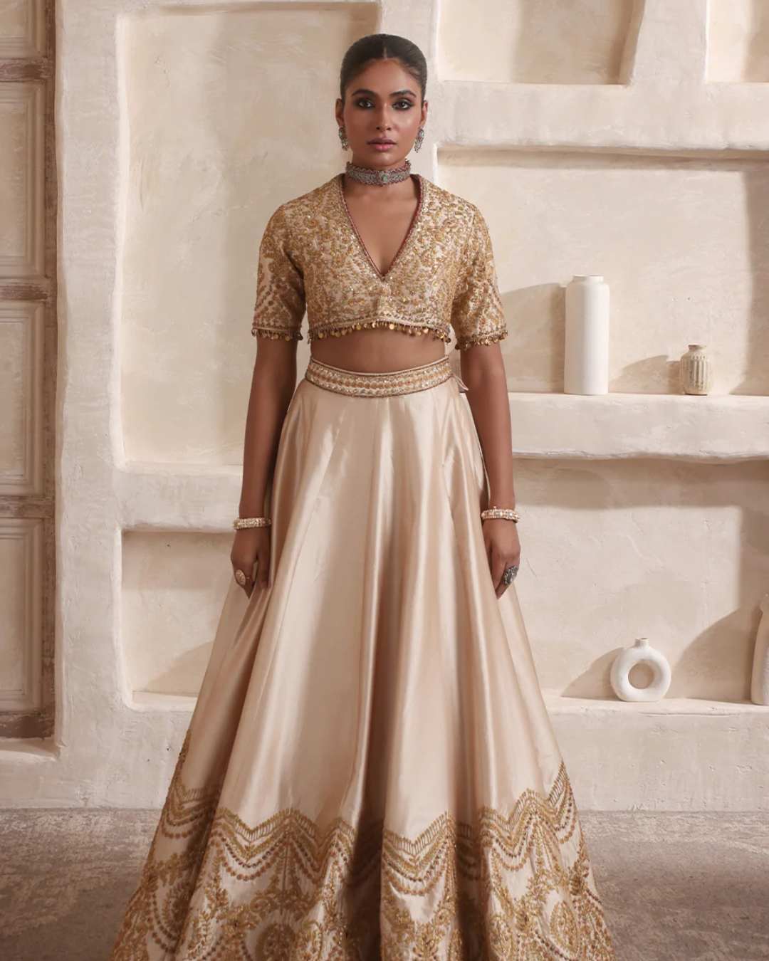 Niti Bothra - Zar-Rang Ivory Scallop Lehenga Set