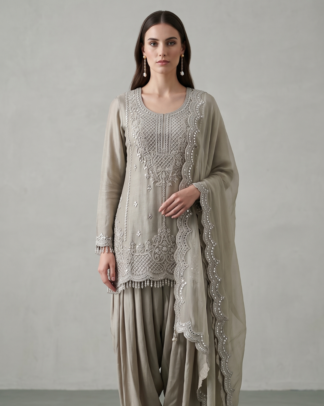 Basanti Kapde Aur Koffee - Grey Embroidered Dhoti Set From Suits & Shararas