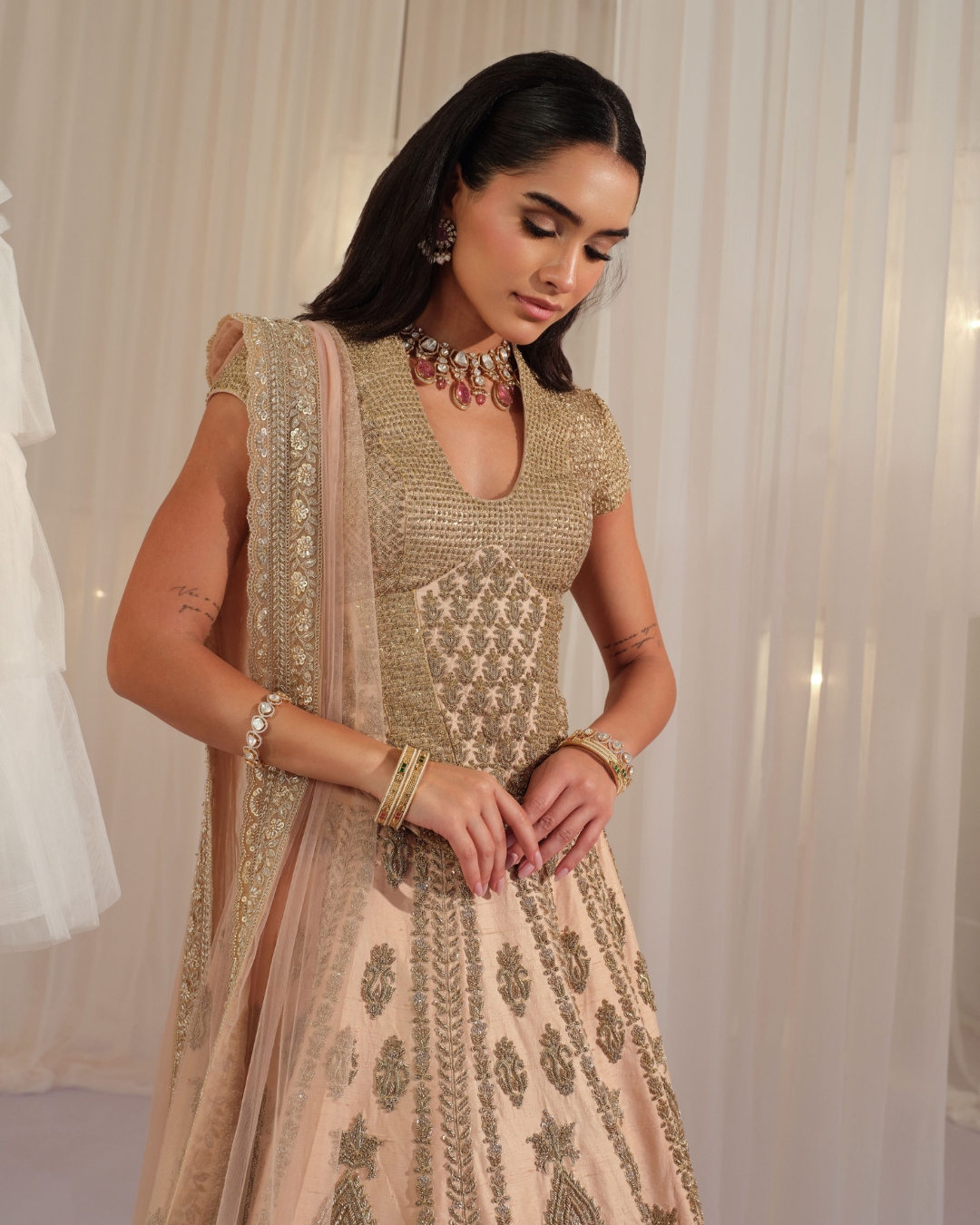 K&A By Karishma And Ashita - Peach Muted Gold Corset With Lehenga & Dupatta From First Love