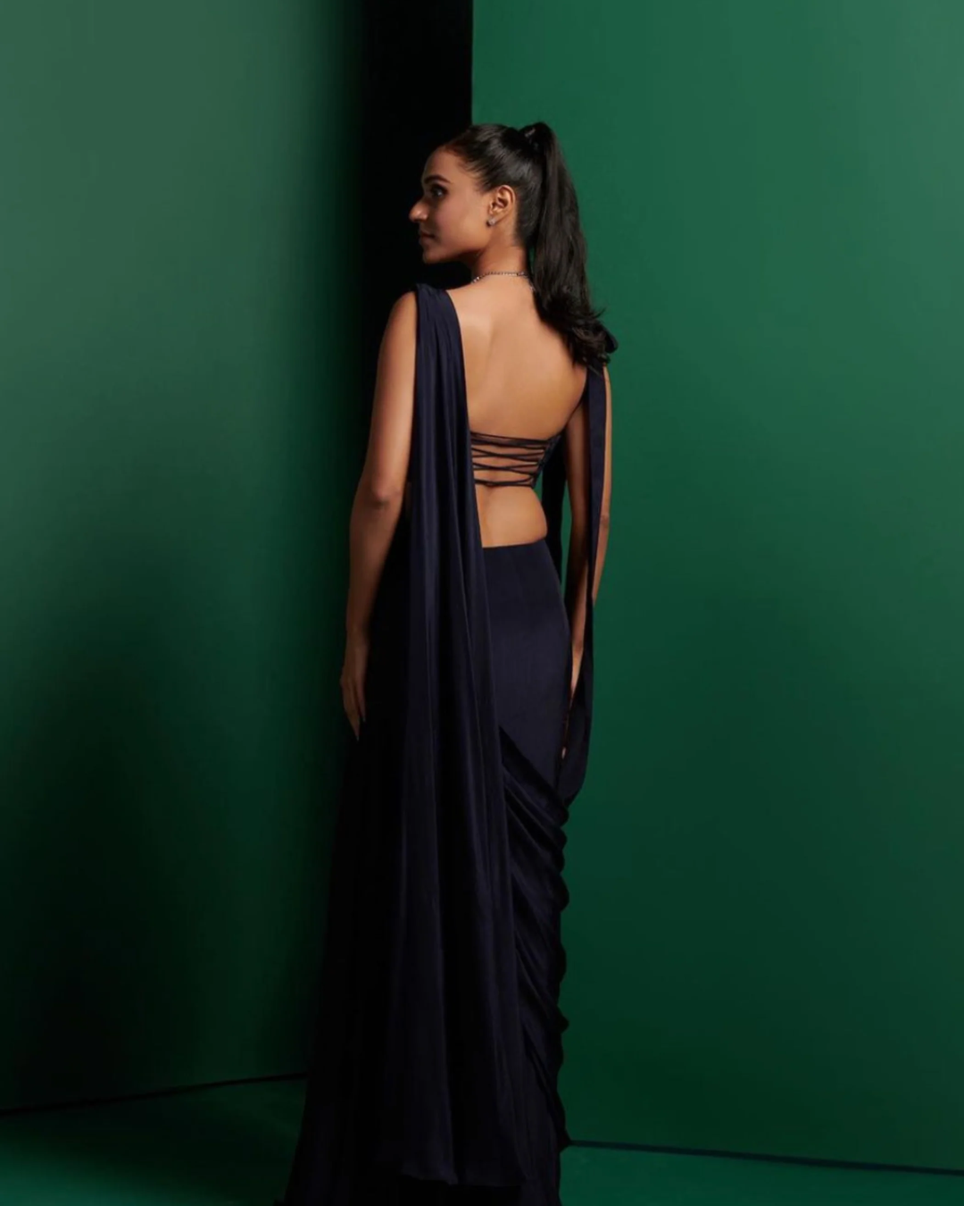 K&A by Karishma and Ashita - Midnight blue cut out corset with gathered skirt and drape From Barre Oblique