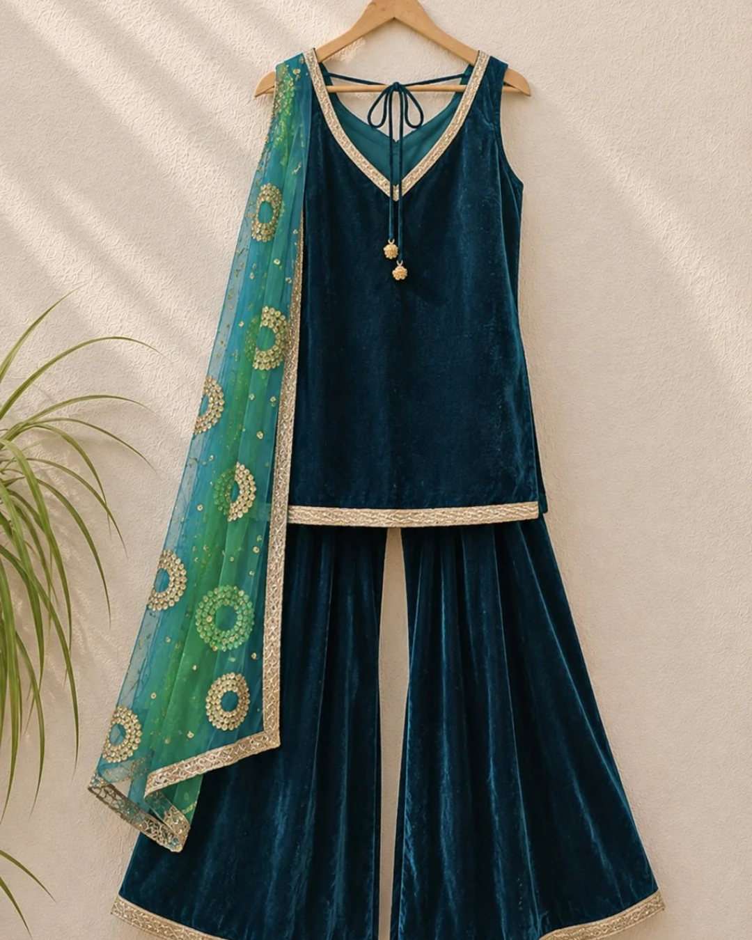 Anisha Shetty - Jade Velvet Sharara Set With Ombre Dupatta
