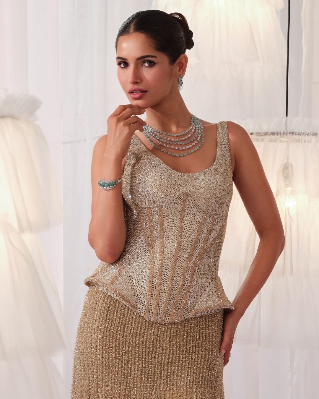 K&A By Karishma And Ashita - Champagne Gold Corset With Fishcut Lehenga From First Love