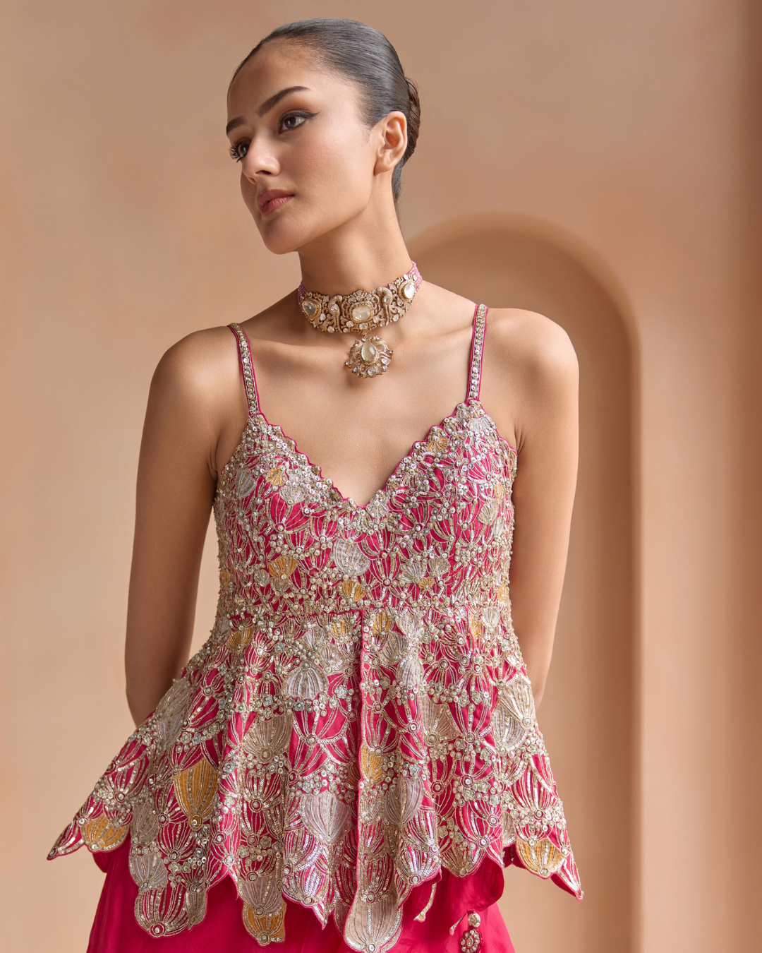 Osaa By Adarsh - Cut Ruby Embroidered Peplum and Skirt Set From Off The Record