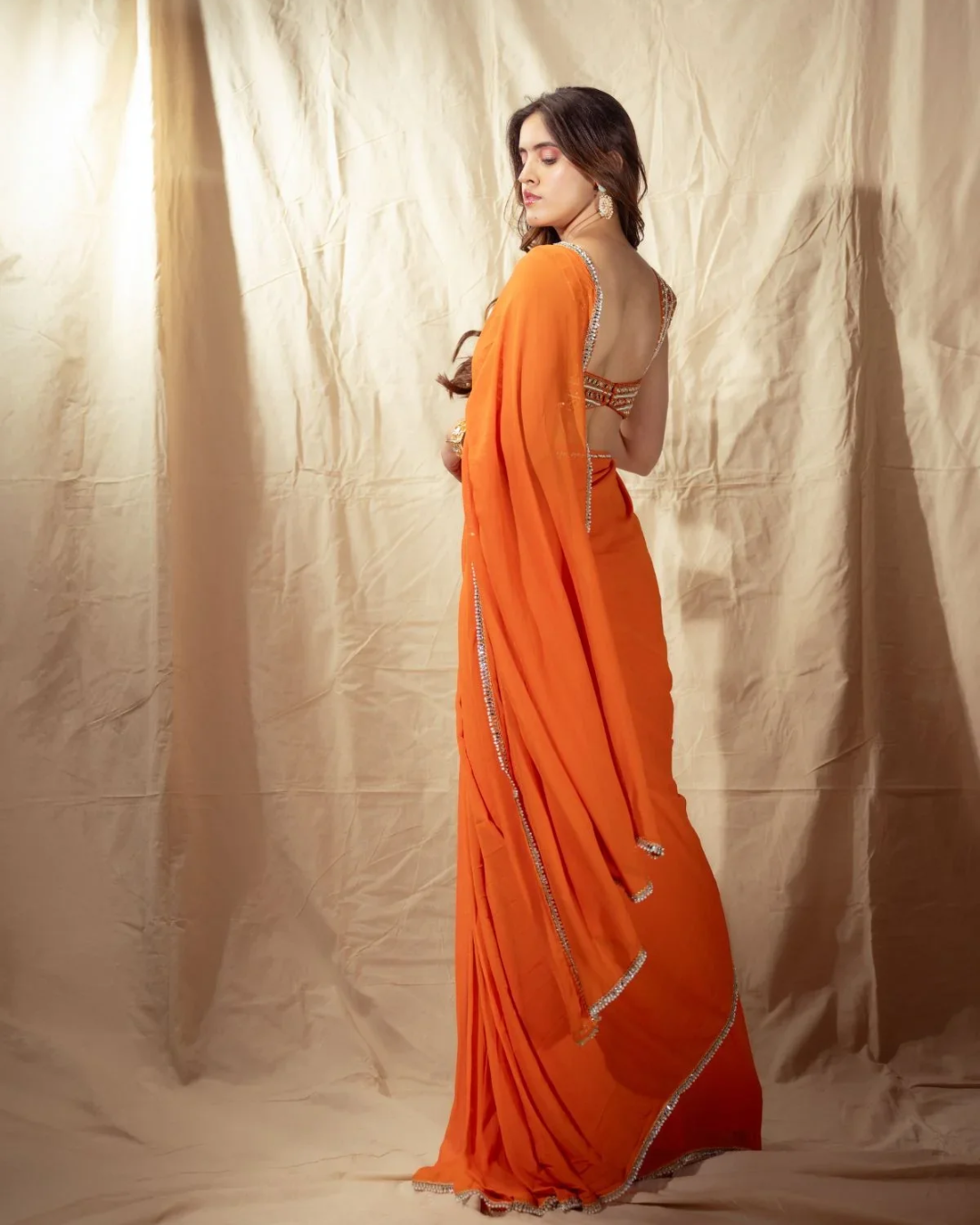 Anisha Shetty - Orange Prestitched Saree From Rangin