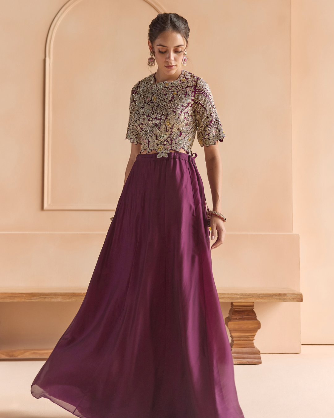 Osaa By Adarsh - Aubergine Embroidered Top & Skirt Set From Off The Record