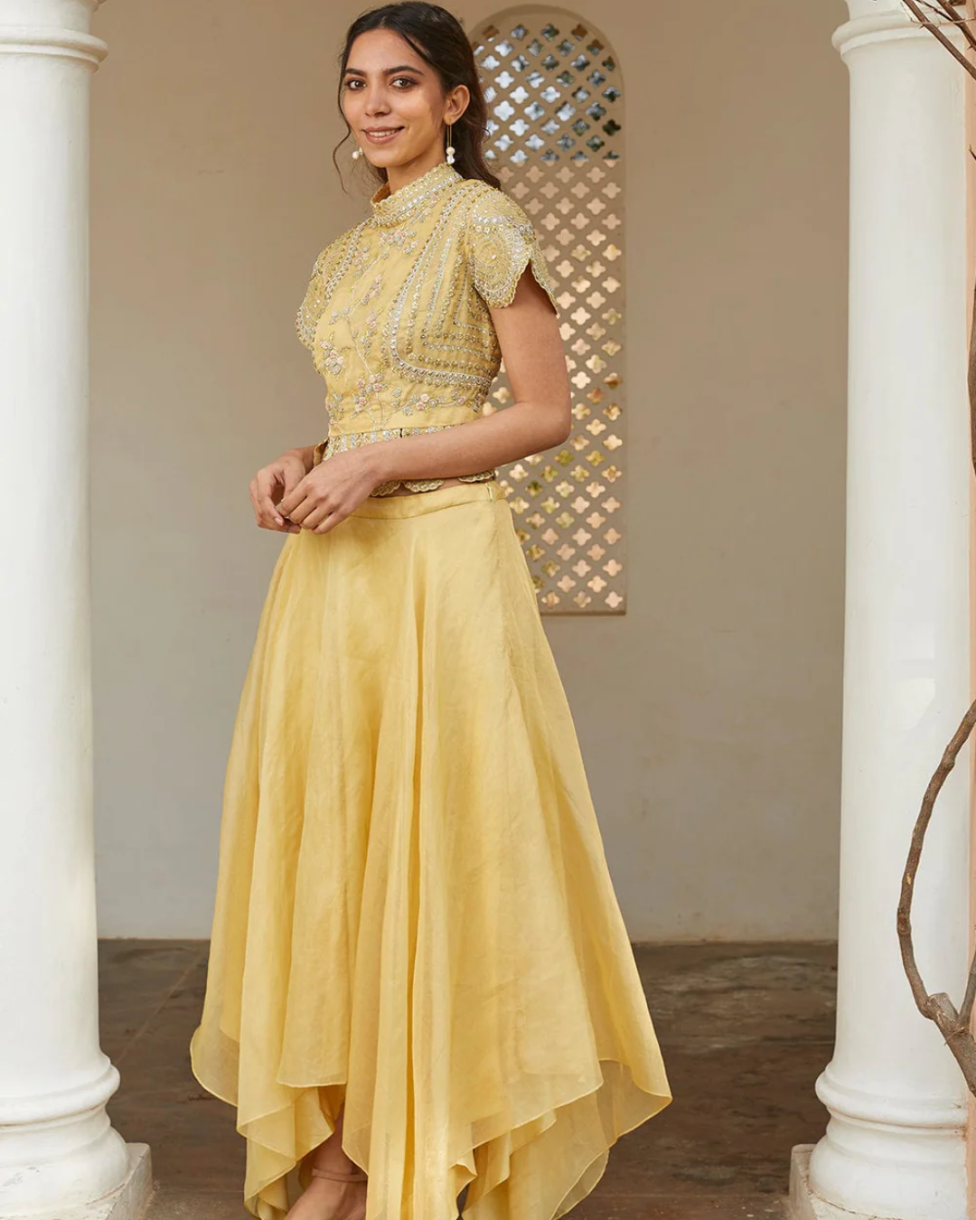 Osaa By Adarsh - Taupe Lemon Optical Embroidered Top and Skirt From RASM