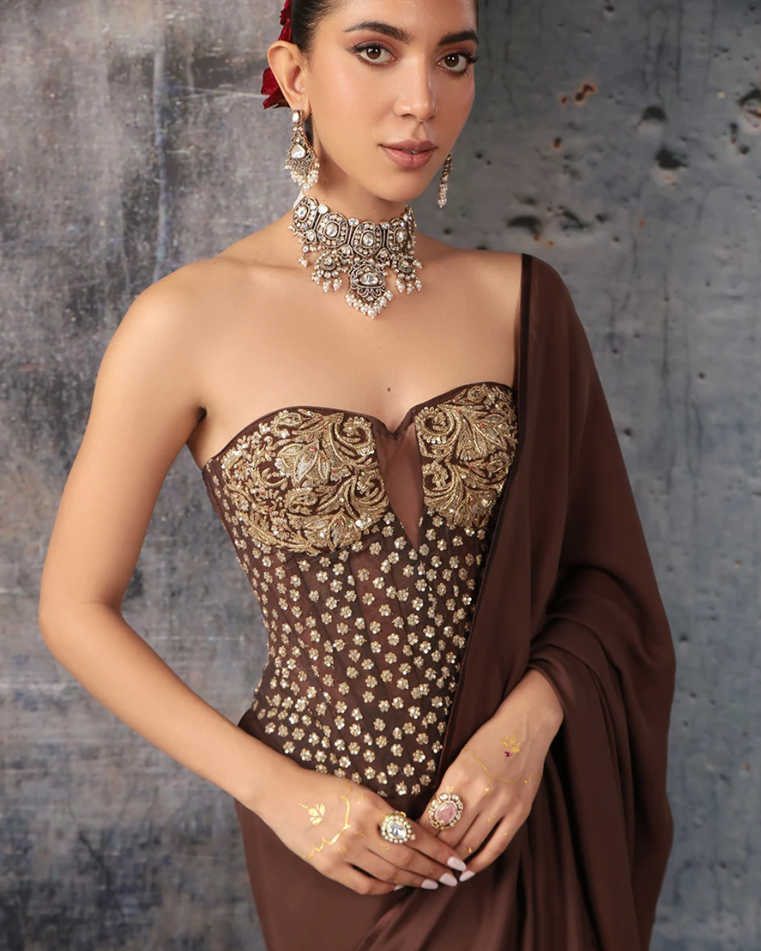 Niti Bothra - Zar-Rang Brown Corset Saree Set