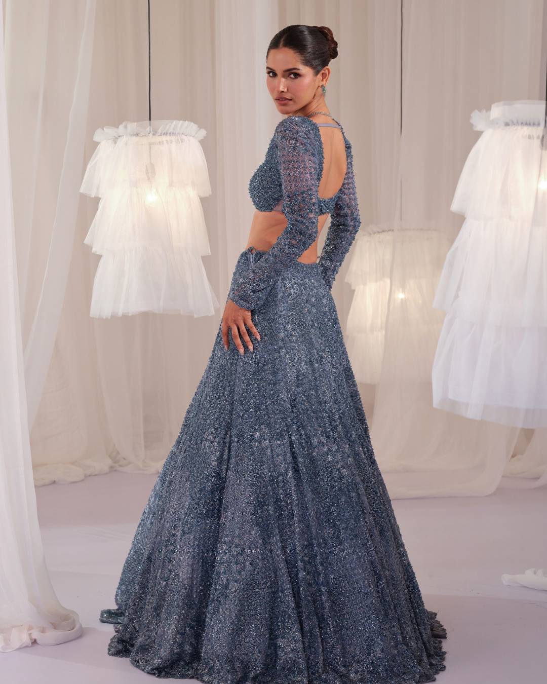 K&A By Karishma And Ashita - Metallic Blue Hand Embellished Blouse With Lehenga & Dupatta From First Love