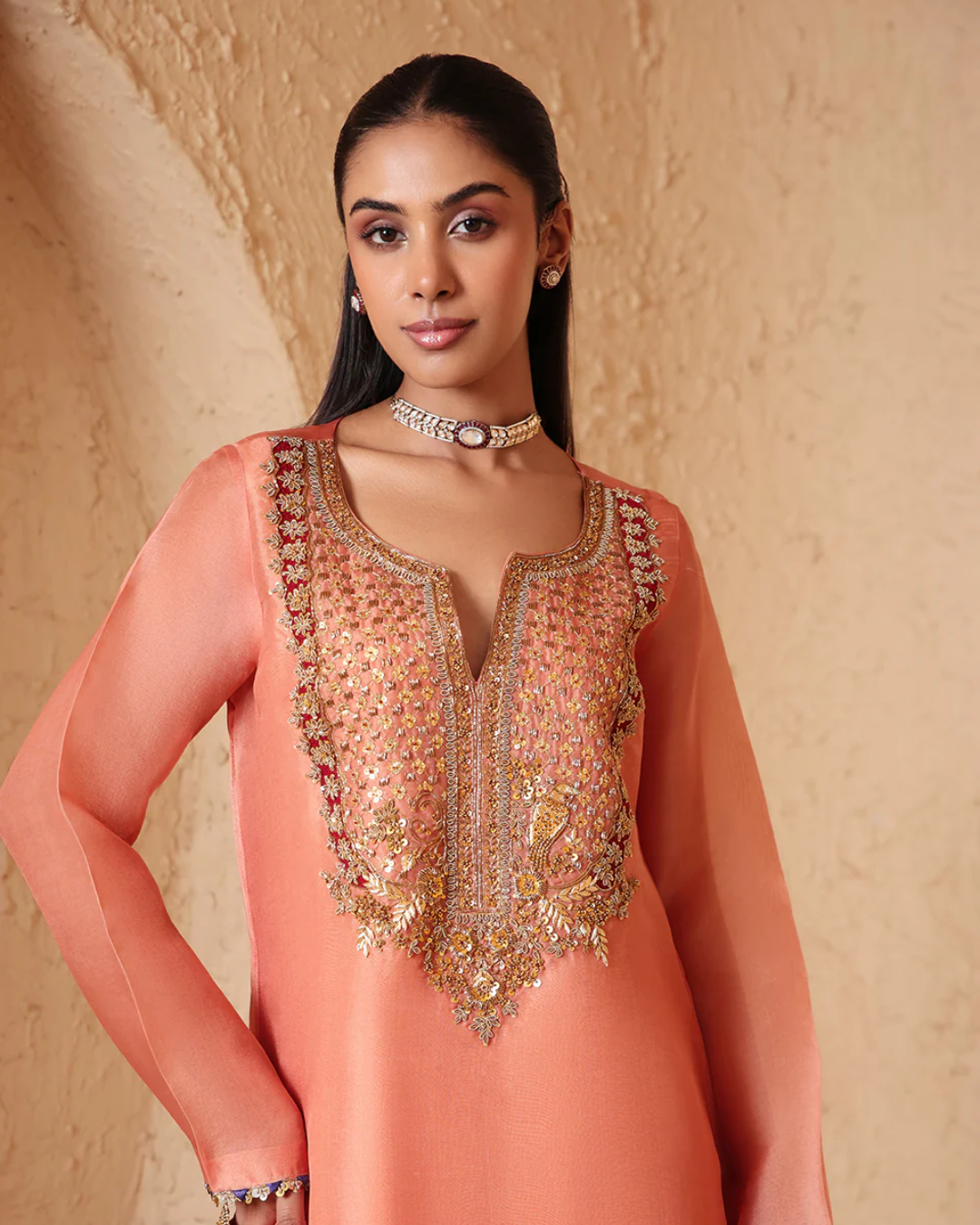 Niti Bothra - Mehrang Peach Heavy Neck Kurta Set